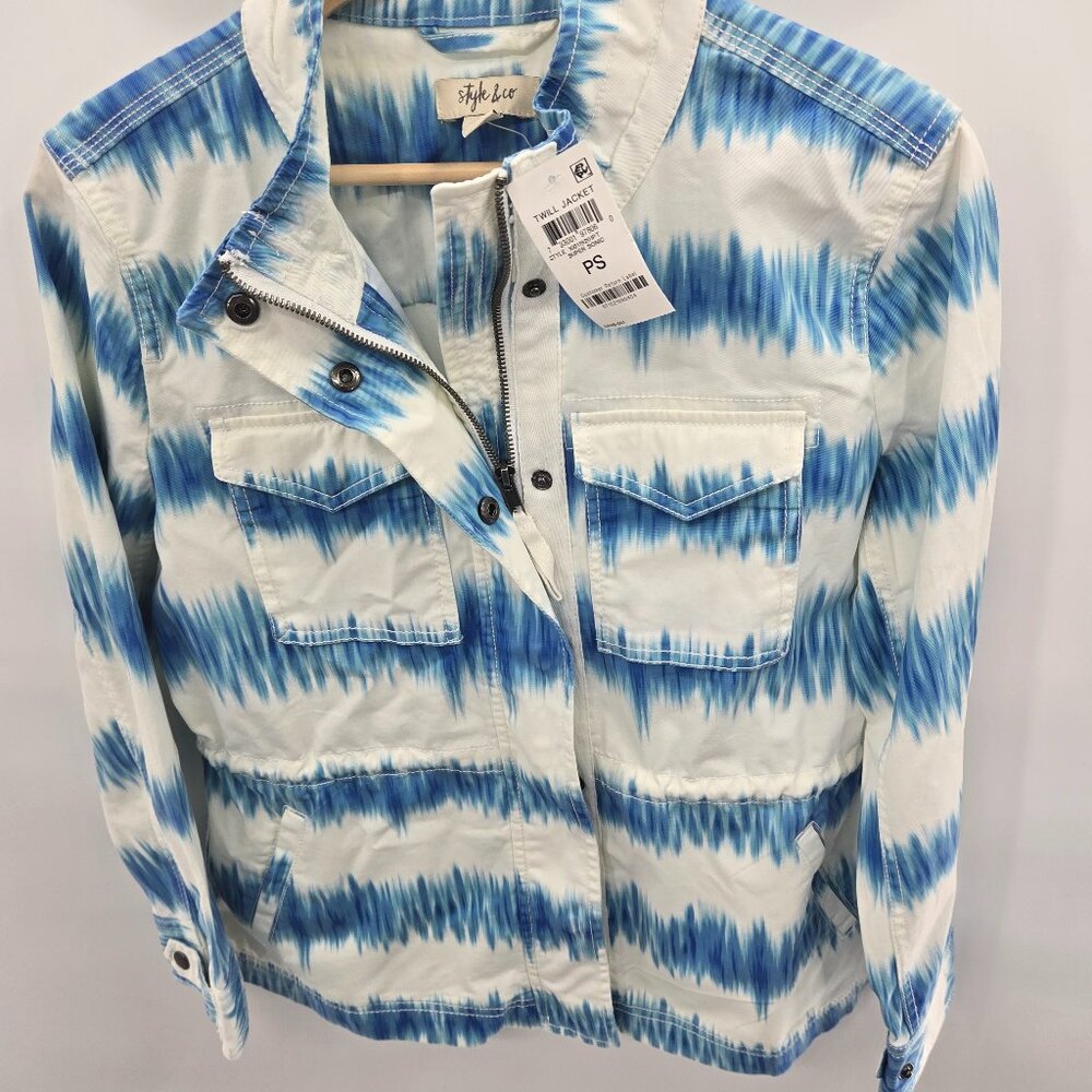 Style and Co Blue White Super Sonic Tie Dye Jacket Small Petite